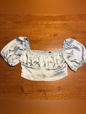Motel Rocks Light Blue Puff Sleeve Crop Top
